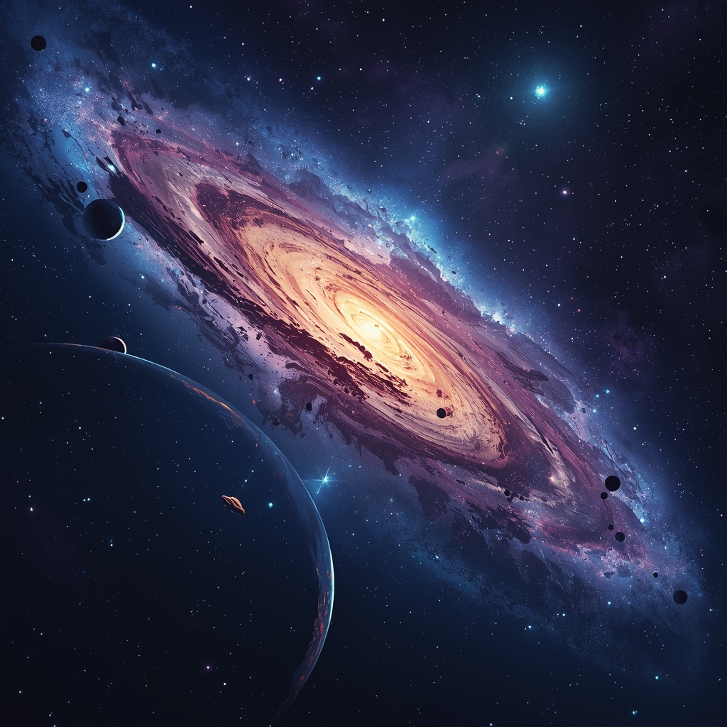 A cinematic view of a futuristic space research facility under a starry sky